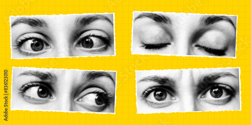 Halftone collage of eyes with different emotions on a bright yellow checkered background, cut out from a magazine. Vector retro pop art, grunge PNG element.