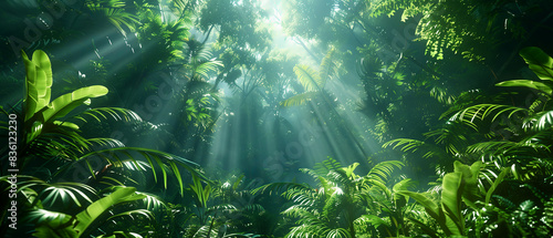 A tropical rainforest canopy with rays of sunlight filtering through  Nature banner wallpaper