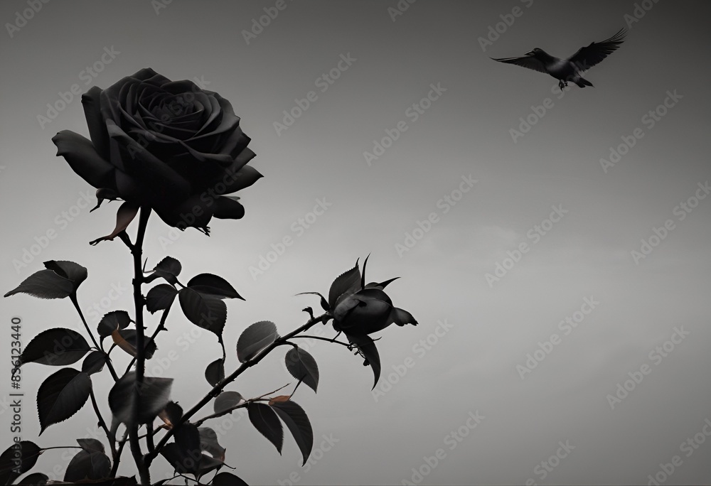 Obraz premium black rose and flying bird on dark gray background for obituary notice, funeral announcement, necrology