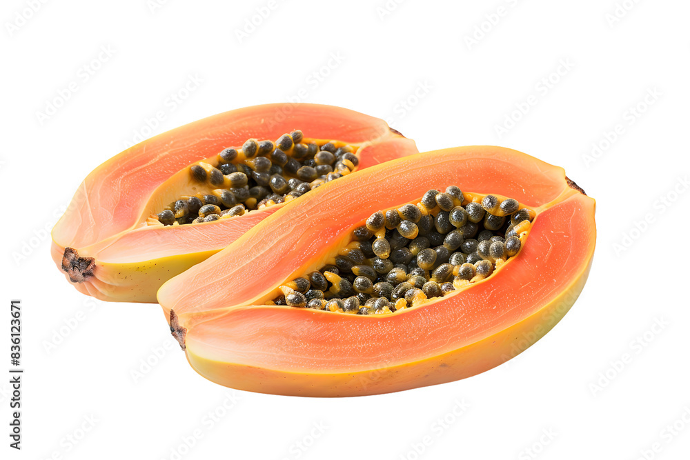 Close-up of a ripe papaya cut in half, showcasing vibrant orange flesh and black seeds. Perfect for food and tropical fruit concepts. Close-up of a ripe papaya cut in half, showcasing vibrant orange flesh and black seeds. Perfect for food and tropical fruit concepts.