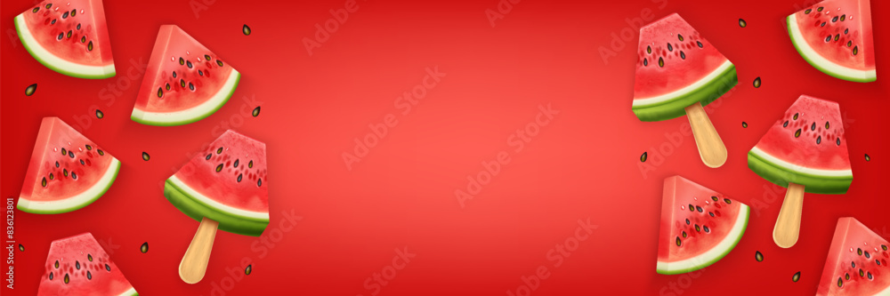 Fresh watermelon fruit slices 3D realistic background. Juicy watermelon pieces on a red background with text space. Fresh watermelon fruit slices 3D realistic background. Juicy watermelon pieces on a red background with text space.