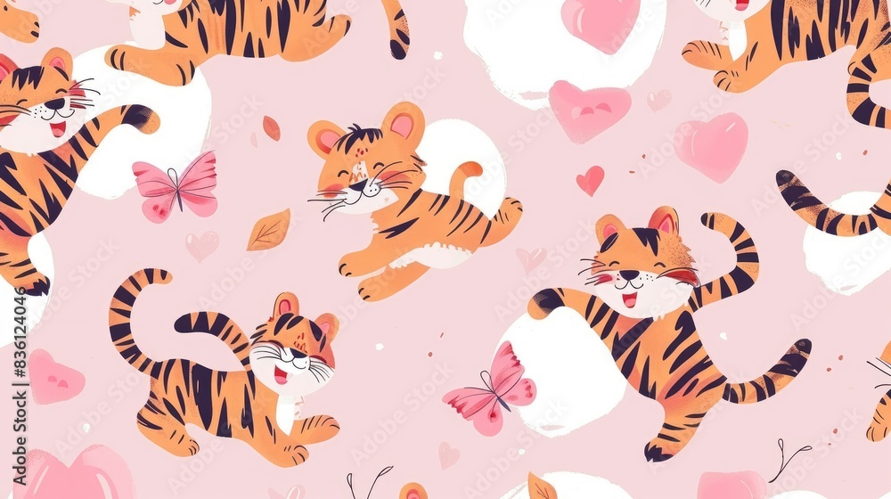 a pattern of cute cartoon tigers, heart-shaped flight, whimsical fantasy aesthetics, cute anime art for kids a pattern of cute cartoon tigers, heart-shaped flight, whimsical fantasy aesthetics, cute anime art for kids