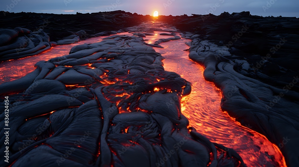 Molten lava from a volcano glows and flows over rock formations Stock ...