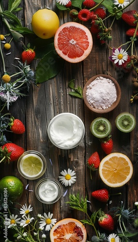 A close-up image of natural, organic creams and lotions with fresh fruits, herbs, and flowers on a rustic wooden background. Generative AI