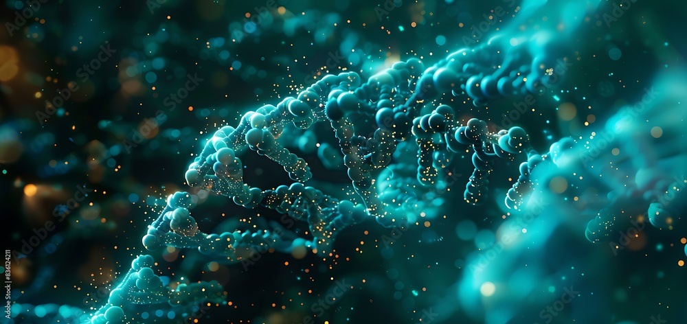 Explore the essence of life with a real photo featuring a cyan DNA strand, its intricate structure illuminated against a dark background, symbolizing the blueprint of existence and the marvels of gene Explore the essence of life with a real photo featuring a cyan DNA strand, its intricate structure illuminated against a dark background, symbolizing the blueprint of existence and the marvels of gene