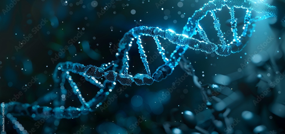 Explore the essence of life with a real photo featuring a cyan DNA strand, its intricate structure illuminated against a dark background, symbolizing the blueprint of existence and the marvels of gene Explore the essence of life with a real photo featuring a cyan DNA strand, its intricate structure illuminated against a dark background, symbolizing the blueprint of existence and the marvels of gene