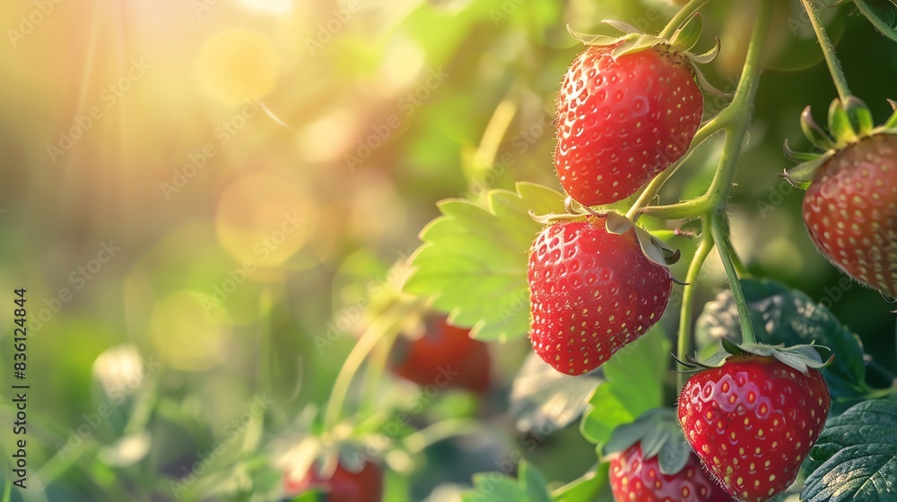 Ripe red strawberries on the vine, bathed in warm sunlight. Ripe red strawberries on the vine, bathed in warm sunlight.