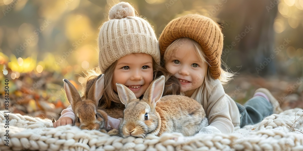Obraz premium Two children and a cute bunny sharing a joyful moment together. Concept Outdoor Photoshoot, Joyful Portraits, Children, Bunny, Playful Poses
