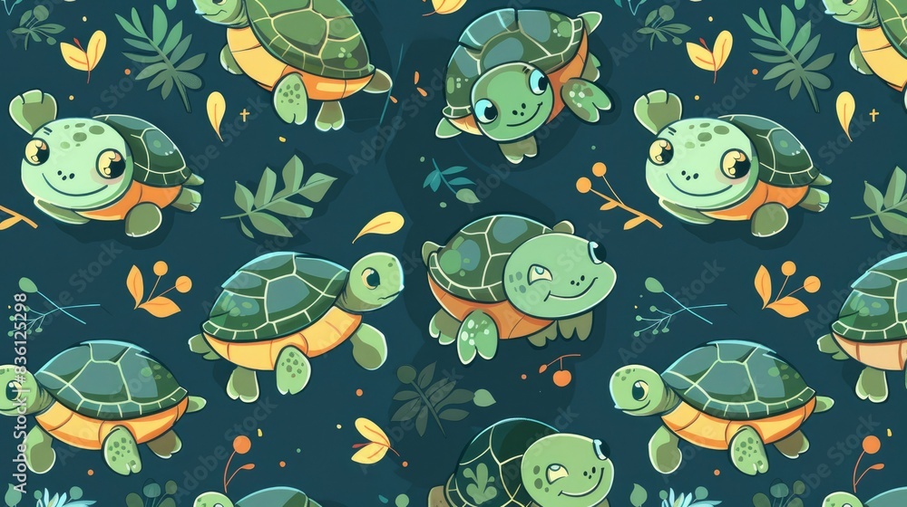  a pattern of cute cartoon turtles, square-laden magical beings, handcrafted fantasy art, whimsical anime prints