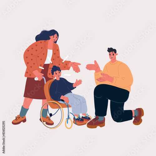 Cartoon vector illustration of special child on wheelchair and his dad and mom talking. Father helped him. Life in the education age of disabled children, Happy disabled kid concept.