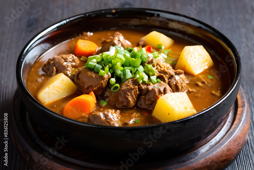 Rustic homemade beef stew and garden veggies, garnished with green onions, hearty comfort food