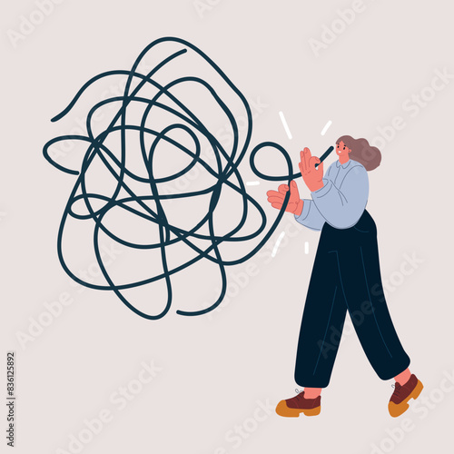 Cartoon vector illustration of business woman unravels a tangle of problems