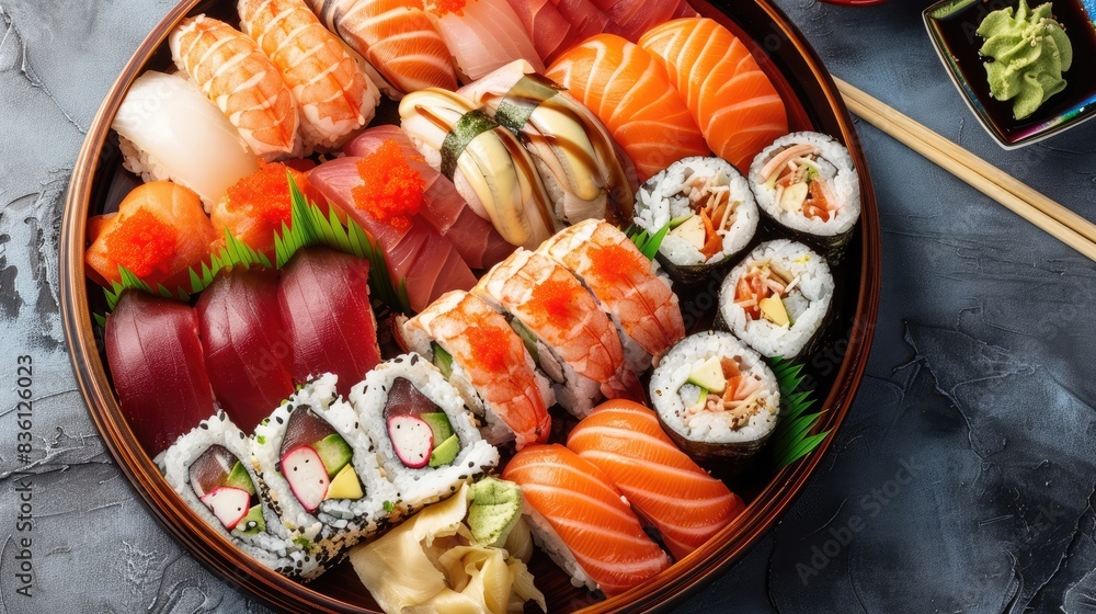 A vibrant sushi platter with various rolls, nigiri, and sashimi, set against a minimalist backdrop A vibrant sushi platter with various rolls, nigiri, and sashimi, set against a minimalist backdrop