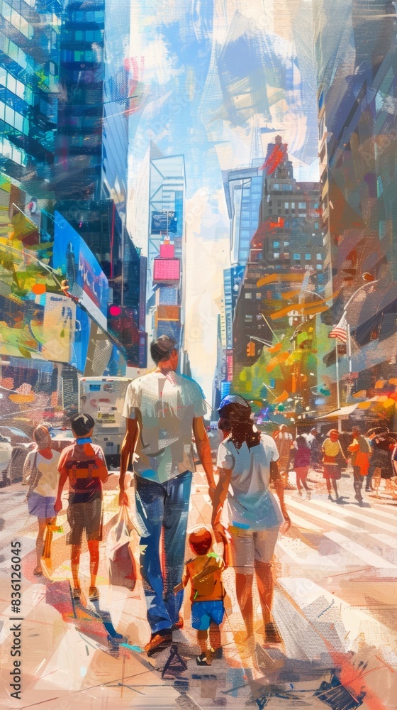 Fototapeta premium Family stroll in vibrant cityscape