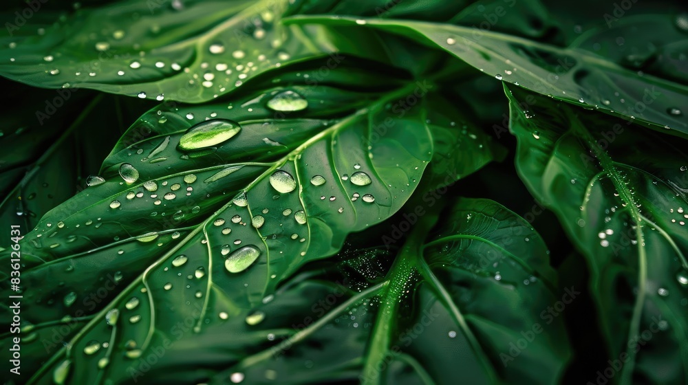 Close-up of lush green leaves with water droplets, showcasing nature's beauty in detail. Ideal for nature, botanical, and freshness-themed projects. Close-up of lush green leaves with water droplets, showcasing nature's beauty in detail. Ideal for nature, botanical, and freshness-themed projects.
