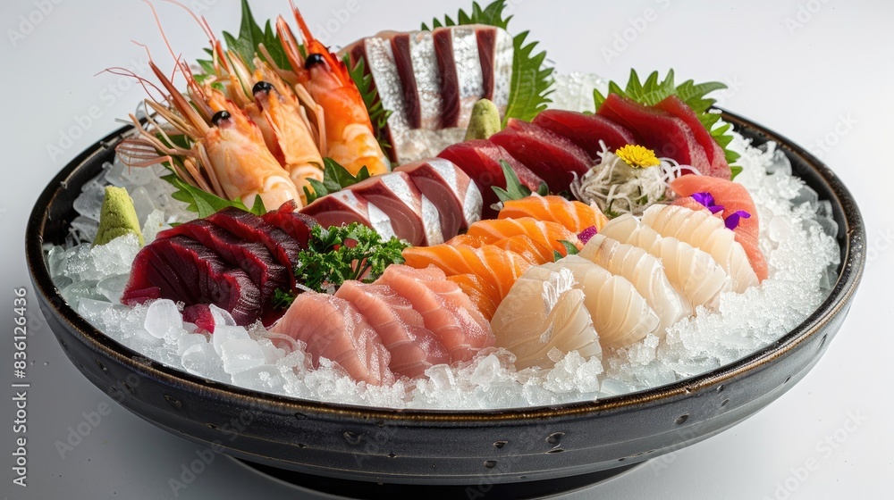 An appetizing platter of sashimi arranged on crushed ice with decorative garnishes An appetizing platter of sashimi arranged on crushed ice with decorative garnishes