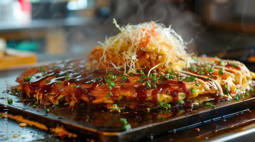 An appetizing serving of okonomiyaki, a savory pancake with various toppings, on a hot plate An appetizing serving of okonomiyaki, a savory pancake with various toppings, on a hot plate