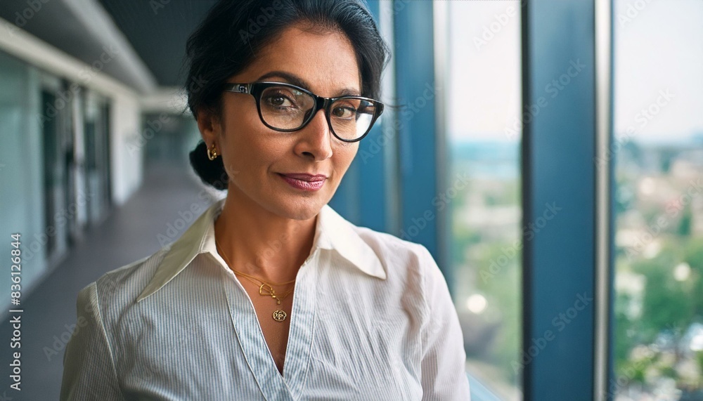 An elegant Indian brunette of 45 years, wearing glasses, with a formal, neat hair style and a smooth face, stands in a modern office building next to a huge window and wears a white shirt. An elegant Indian brunette of 45 years, wearing glasses, with a formal, neat hair style and a smooth face, stands in a modern office building next to a huge window and wears a white shirt.