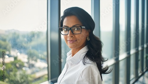 An elegant Indian brunette of 45 years, wearing glasses, with a formal, neat hair style and a smooth face, stands in a modern office building next to a huge window and wears a white shirt.