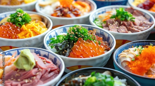 An array of colorful donburi bowls, each with different toppings like beef, seafood, and vegetables