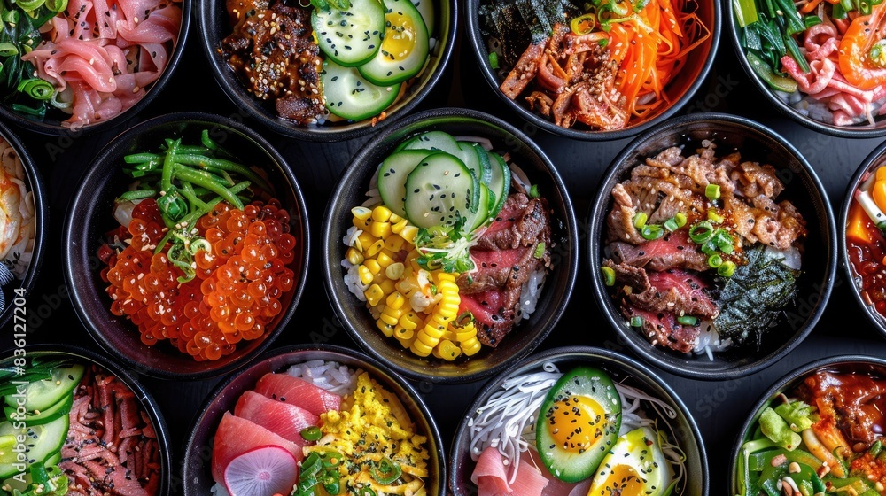An array of colorful donburi bowls, each with different toppings like beef, seafood, and vegetables An array of colorful donburi bowls, each with different toppings like beef, seafood, and vegetables
