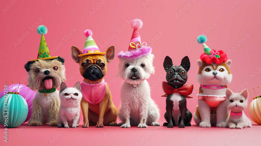 Fototapeta premium I'm imagining a cute cartoon scene with a group of dogs, cats, and other pets, surrounded by flowers and toys, creating a joyful holiday atmosphere for children