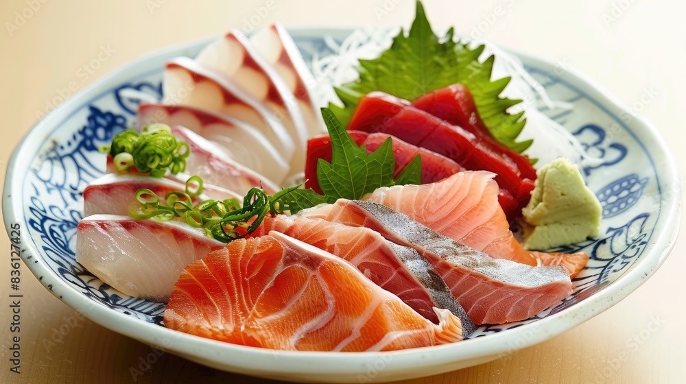 An elegant plate of sashimi with various fish cuts, garnished with daikon and shiso leaves An elegant plate of sashimi with various fish cuts, garnished with daikon and shiso leaves