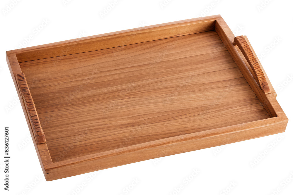 An overhead shot of an empty wooden serving tray on a transparent, png, white background