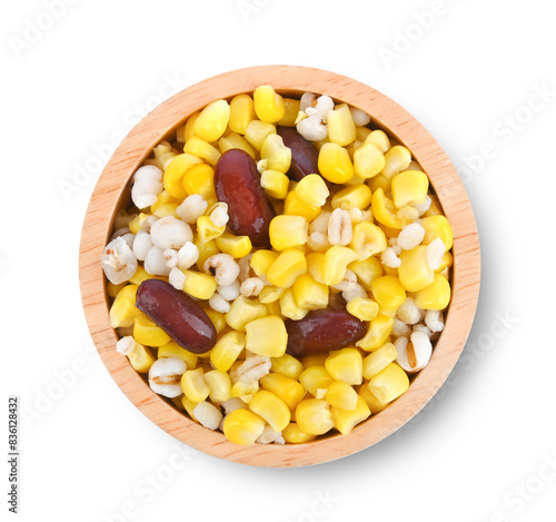 Mixed Grains Corn, Millet and Red Beans in wooden bowl isolated on white background top view