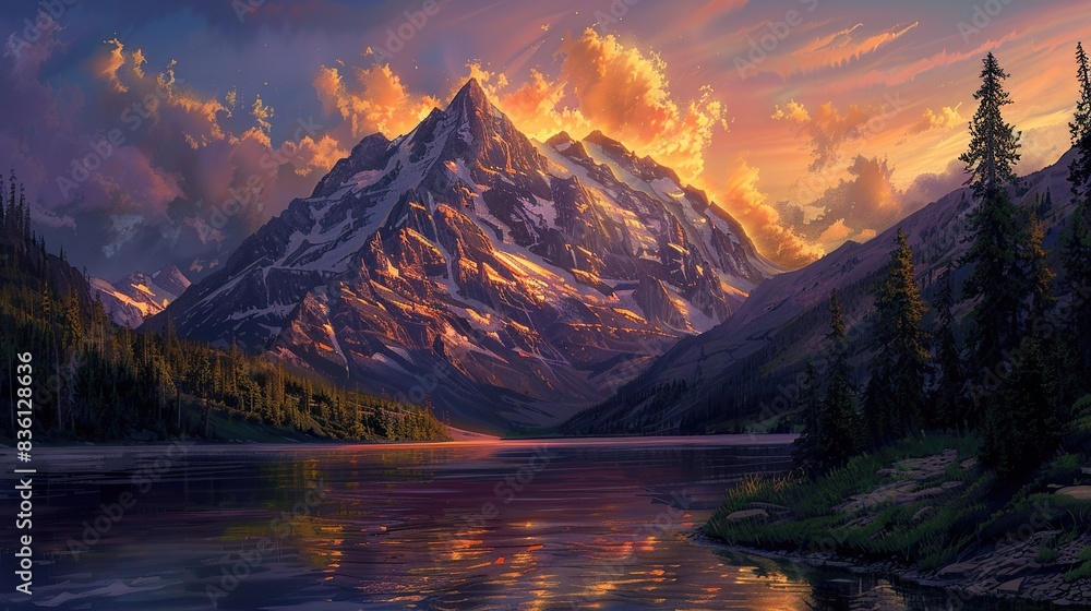  image based on your description: a vibrant sunset over snow-capped mountains, reflecting in a calm lake, with a backdrop of lush green forests and dramatic clouds