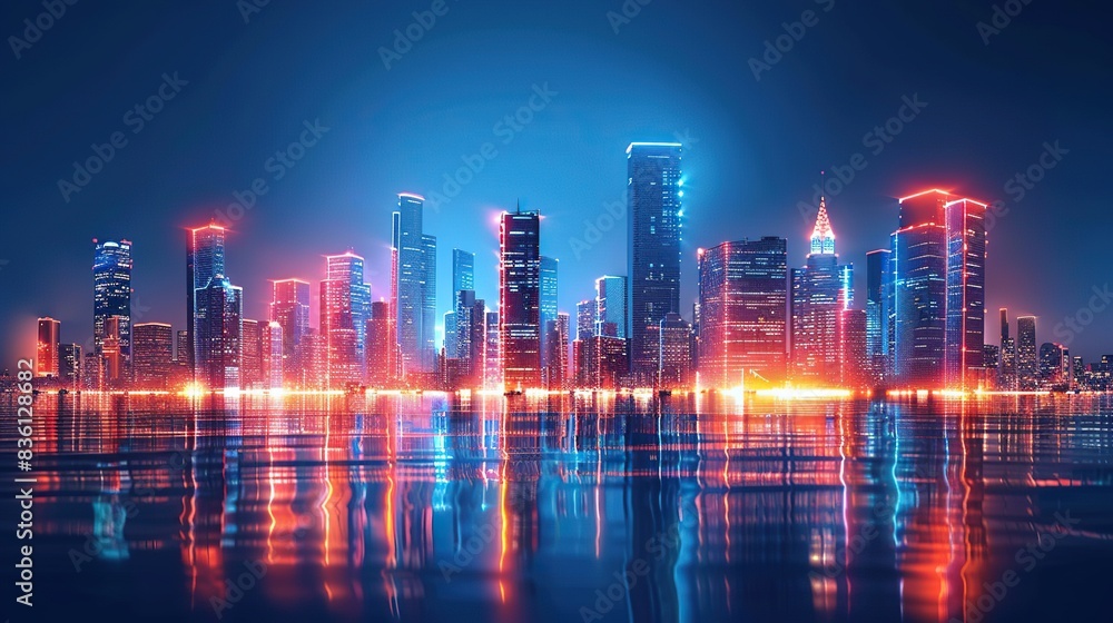 I imagine a city skyline at night, with glowing lights and towering skyscrapers against the dark blue sky, creating a beautiful urban landscape