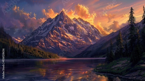  image based on your description  a vibrant sunset over snow-capped mountains  reflecting in a calm lake  with a backdrop of lush green forests and dramatic clouds