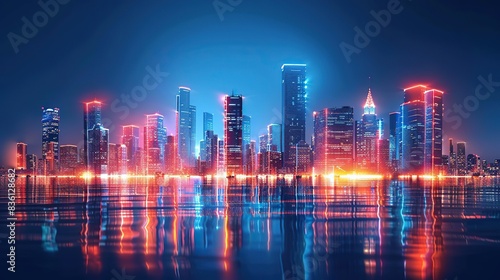 I imagine a city skyline at night  with glowing lights and towering skyscrapers against the dark blue sky  creating a beautiful urban landscape