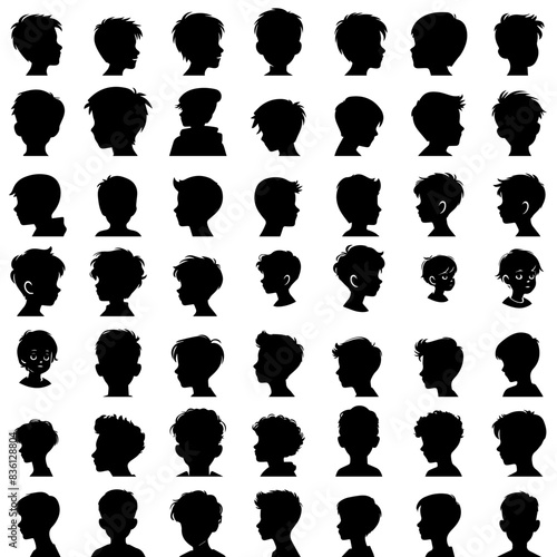  illustration of boy profile, black silhouette isolated on white background