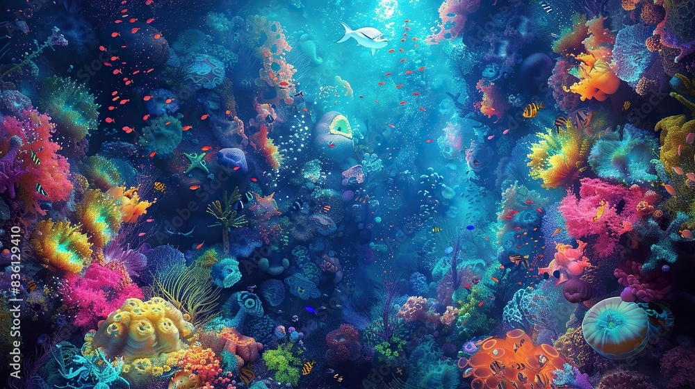 I imagine an underwater scene with colorful coral, tropical fish, and a vast blue ocean