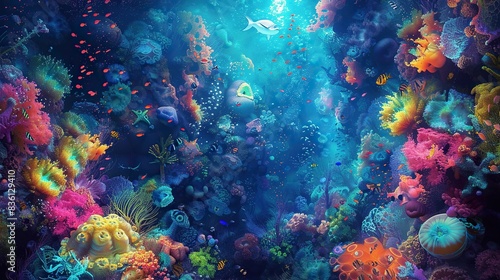 I imagine an underwater scene with colorful coral, tropical fish, and a vast blue ocean