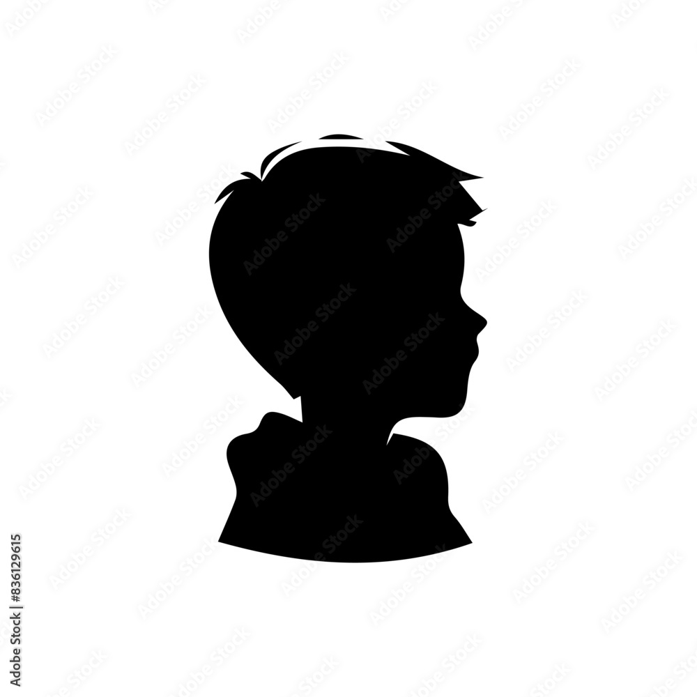  illustration of boy profile, black silhouette isolated on white background
