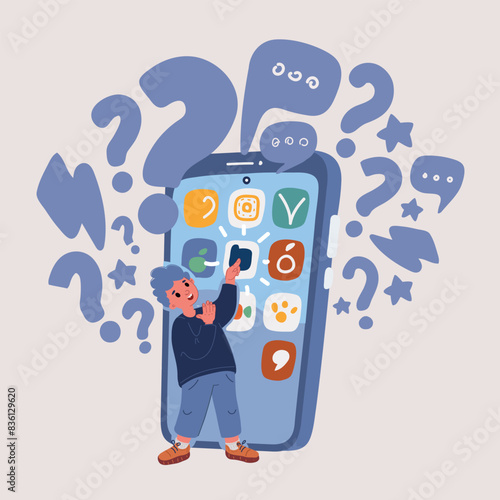 Cartoon vector illustration of Parental control, landing page template. Kid hold mobile phone. Mom monitors use of smartphone by preschooler boy. Cell phone with security app.