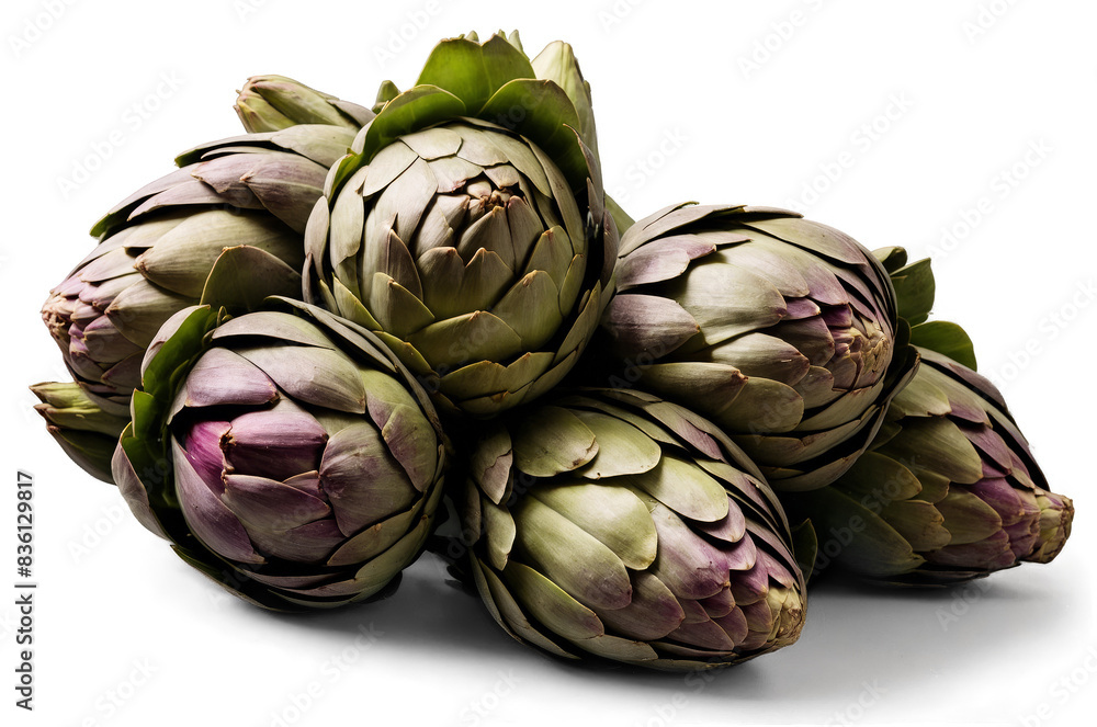 Fototapeta premium Bunch of fresh artichokes clumped together against a transparent, white background, png format suitable for food and nutrition themes