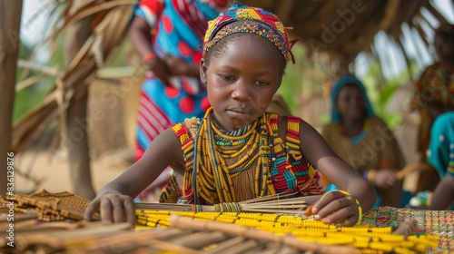 An educational scene where a Fulani girl learns the art of making traditional crafts from elder women photo