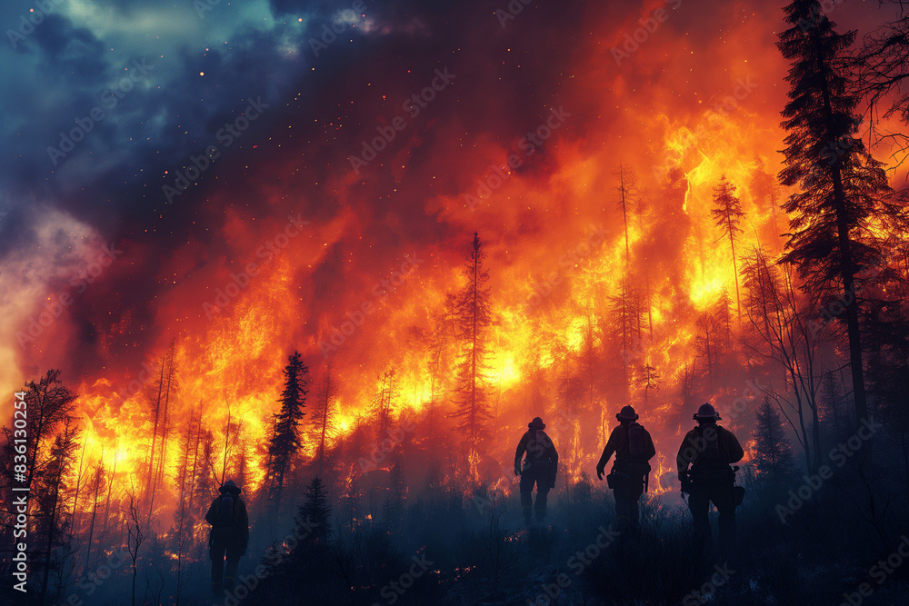 Forest fire, firefighter team fighting forest fire. Generative AI Forest fire, firefighter team fighting forest fire. Generative AI