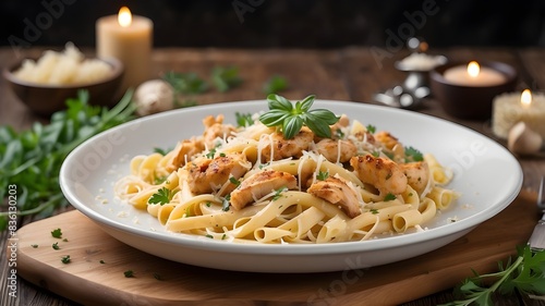  A visually appealing composition featuring a platter of delicious Cajun chicken pasta. The dish is presented on a large white platter, showcasing creamy pasta topped with perfectly cooked, Cajun-spic photo