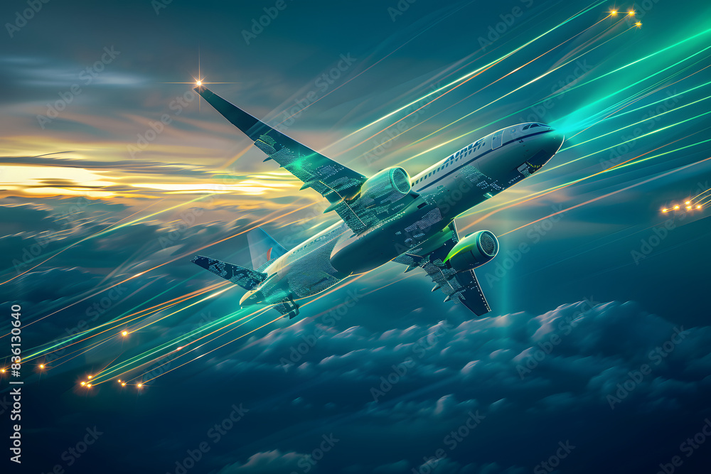 Naklejka premium Delivery plane flying, blue and green thin technology lines on it.&nbsp;