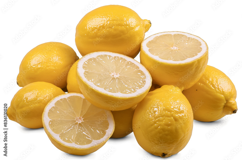Image of vibrant yellow lemons, whole and cut in half, on white, perfect for png and transparent use Image of vibrant yellow lemons, whole and cut in half, on white, perfect for png and transparent use
