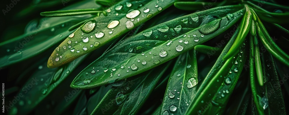 Close-up of vibrant green leaves covered in water droplets, showcasing the beauty of nature and freshness after rain. Close-up of vibrant green leaves covered in water droplets, showcasing the beauty of nature and freshness after rain.