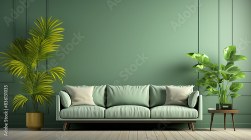 3d rendering modern minimalist lounge interior design featuring a sofa furniture and dark green classic wall, poster frame mockup design concept © s1pkmondal143