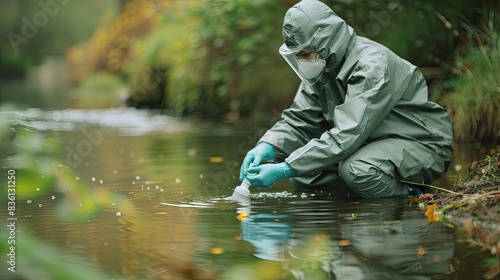 Scientist in full protective gear collecting a water sample from a river, conducting environmental research and testing.