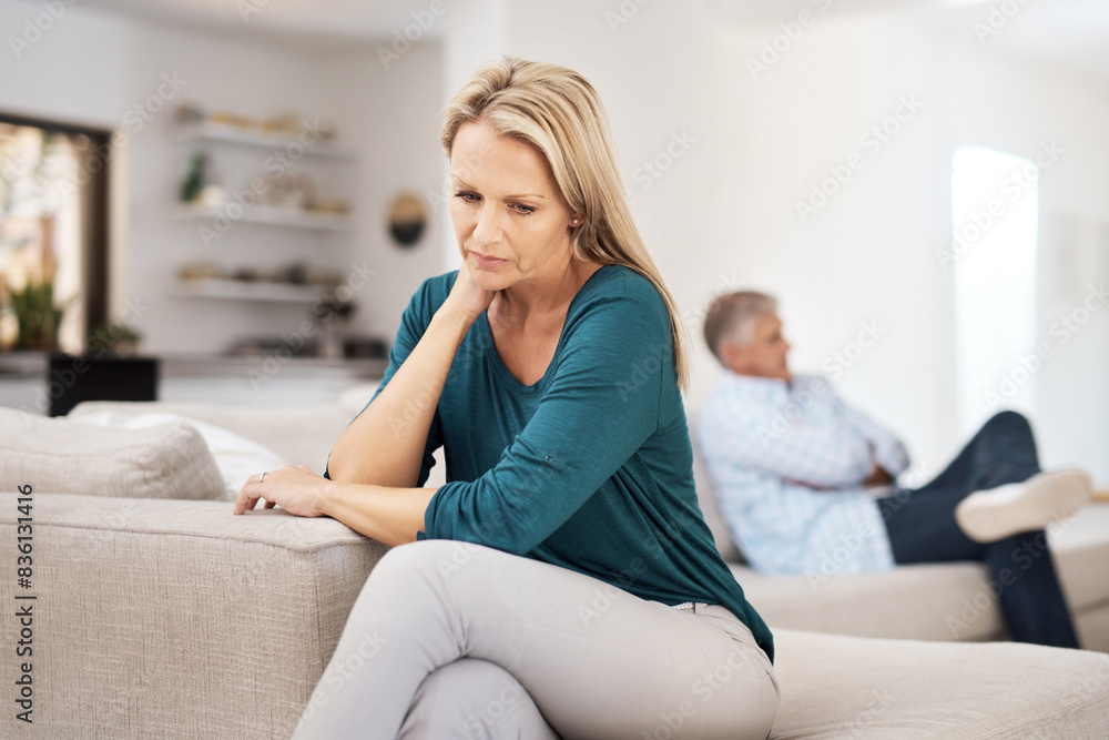 Couch, couple and fight in home for annoyed, divorce or married people for argument. Disagreement, sofa or living room for frustrated woman, affair or emotions in toxic relationship with male partner Couch, couple and fight in home for annoyed, divorce or married people for argument. Disagreement, sofa or living room for frustrated woman, affair or emotions in toxic relationship with male partner