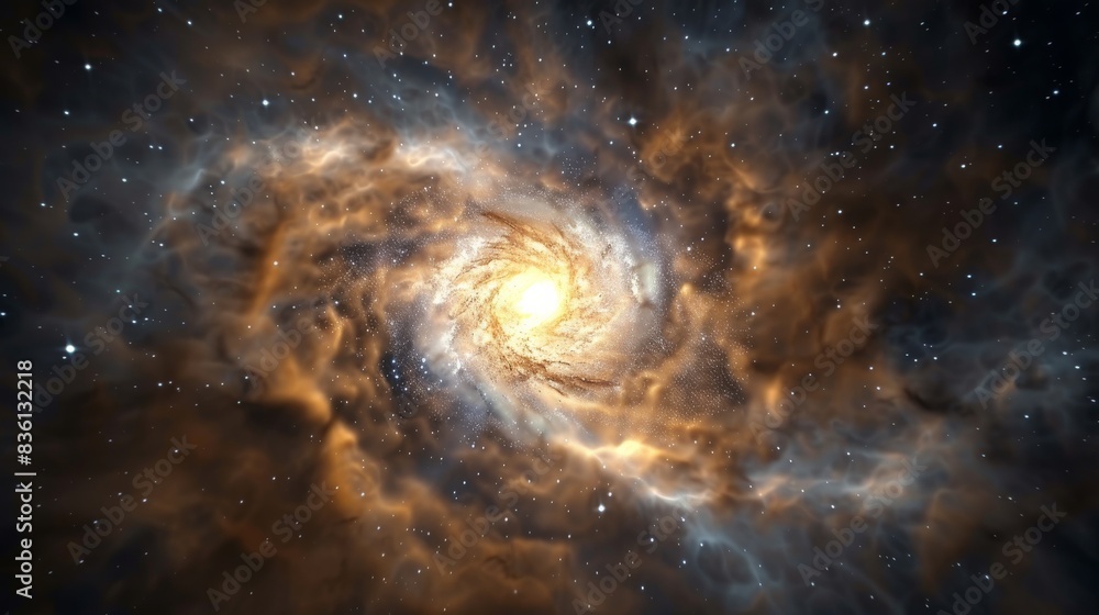 Obraz premium The heart of a galaxy rendered in vivid detail, showing swirling patterns of stars and dust that hint at the unseen forces shaping the cosmos.