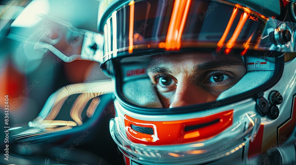 Focused Race Car Driver in Helmet Focused Race Car Driver in Helmet